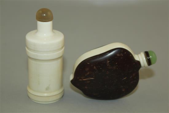 A Chinese cocus nut and ivory snuff bottle, and an ivory snuff bottle, early 20th century, 6.3cm